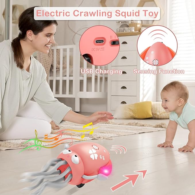 Plnmlls Dancing Octopus Toy,Tummy Time Toys,with Music and LED Light,Built-in Rechargeable Battery and Volume Can be Turned Off for 6-12 12-18 36 Months Walking Toddler Birthday Gift(Pink)