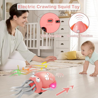 Plnmlls Dancing Octopus Toy,Tummy Time Toys,with Music and LED Light,Built-in Rechargeable Battery and Volume Can be Turned Off for 6-12 12-18 36 Months Walking Toddler Birthday Gift(Pink)