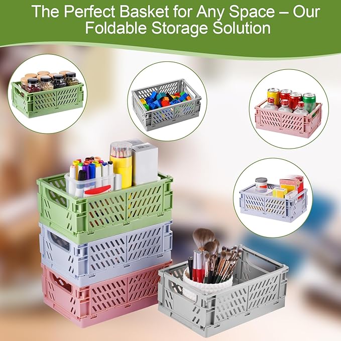 HUUSMOT 4-Pack Small Pastel Plastic Storage Baskets, Collapsible Crates for Organizing, Space-Saving Mini Bins for Classroom, Kitchen, Office, Bedroom (9.8" x 6.5" x 3.8")