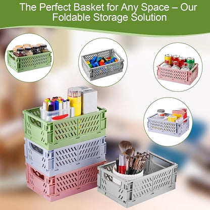 HUUSMOT 4-Pack Small Pastel Plastic Storage Baskets, Collapsible Crates for Organizing, Space-Saving Mini Bins for Classroom, Kitchen, Office, Bedroom (Green, 9.8" x 6.5" x 3.8")