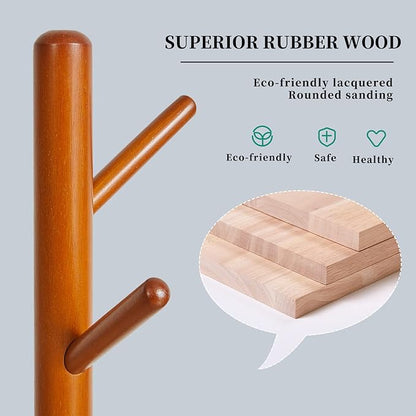 Wood Coat Rack Freestanding, Coat Stand with 8 Hooks, Kids Coat Tree with 3 height options and Sturdy Base, Rustic Coat Rack Small Hall Tree Brown YD-1008