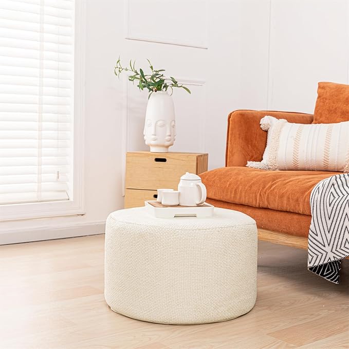 Pouf Ottoman Foot Rest Living Room Decor Floor Pouf Lightweight 20x12 Inches Modern Stuffed Poof Foot Stool Perfect Underdesk Foot Rest for Office (Cream)