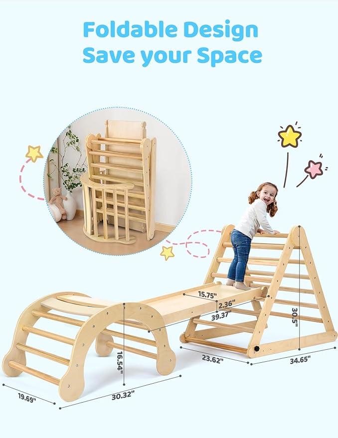 YOLEO Large Pikler Triangle Set, Wooden Toddler Climbing Toys Indoor with Safer Sturdy Base, Montessori Pikler Triangle Climbing Set for Kids' Indoor Climber & Playground & Jungle Gym (Natural)