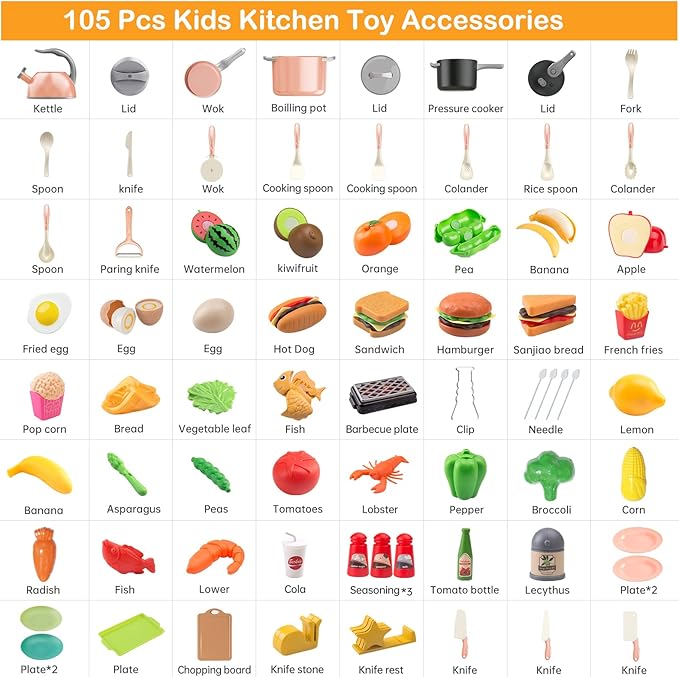 105Pcs Kids Kitchen Toy Accessories, Toddler Pretend BBQ Camping Cooking Playset, Play Pots, Pans, Utensils Cookware Toys, Play Food Set, Vegetables, Learning Gift for Girls Boys