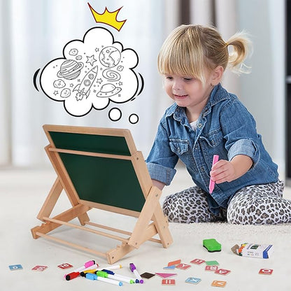 Kids Art Easel with Double-Sided Blackboard and Whiteboard, Wooden Tabletop Easel with Magnetic Letters & Numbers, Foldable Art Board - Educational Drawing & Learning Board for Toddlers & Children