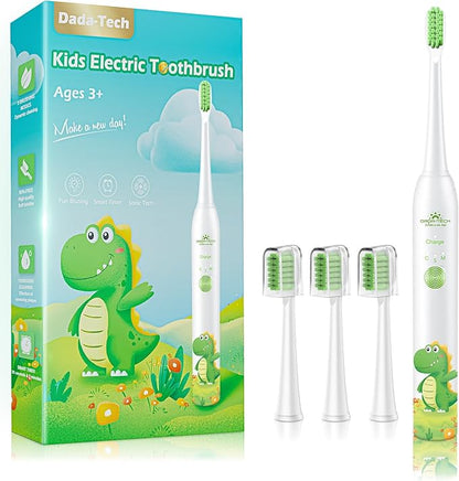 Kids Electric Toothbrush Rechargeable Age 3-5-6-12-18 Year Old, Dinosaur Toothbrush for Kids with Timer 3 Modes 4 Vibrating Heads Habit Stickers 31000VPM Boys Electric Toothbrush (Dinosaur White)