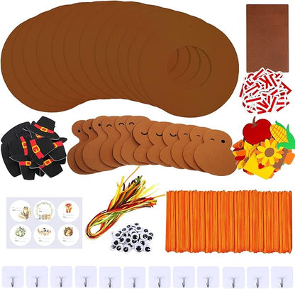 Winlyn 12 Sets Thanksgiving Wreath Signs Decorations Art Sets DIY Give Thanks Thanksgiving Craft Kits Fall Crafts Wood Craft Sticks Turkey Foam Stickers Googly Eyes for Kids Party Classroom Activities