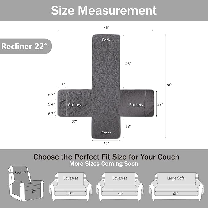 Quilted Recliner Chair Covers,Water-Repellent Recliner Slipcovers, Lazy Boy Recliner Cover Snug Fit, Pet Friendly Recliner Cover for Dogs Cats, Washable Couch Protector (Recliner 22", Gray)