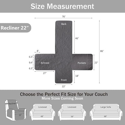 Quilted Recliner Chair Covers,Water-Repellent Recliner Slipcovers, Lazy Boy Recliner Cover Snug Fit, Pet Friendly Recliner Cover for Dogs Cats, Washable Couch Protector (Recliner 22", Gray)