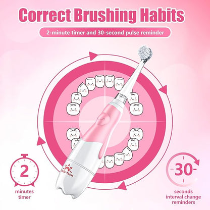 DADA-TECH Toddler Electric Toothbrush Kids Age 1-2-3 Years Old, Baby Electric Toothbrush with LED Light 2 Minutes Timer 4 Vibrating Heads for Infants Toothbrush 6 to 12 Months and Up (Pink)