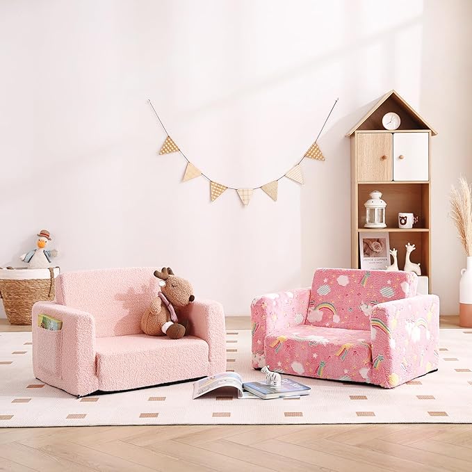 Tiita Kids Chair Couch, Folding Toddler Comfy Sofa Chairs, 2-in-1 Kids Plush Sofa Fold Out, Baby Armrest Chair Sofa to Lounger, Convertible Play Sofas to Bed for Girl or Boy, Pink