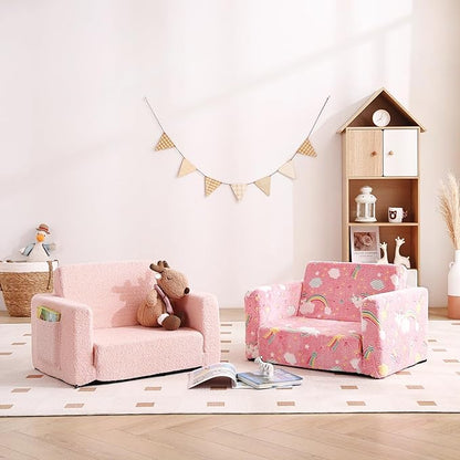 Tiita Kids Chair Couch, Folding Toddler Comfy Sofa Chairs, 2-in-1 Kids Plush Sofa Fold Out, Baby Armrest Chair Sofa to Lounger, Convertible Play Sofas to Bed for Girl or Boy, Pink