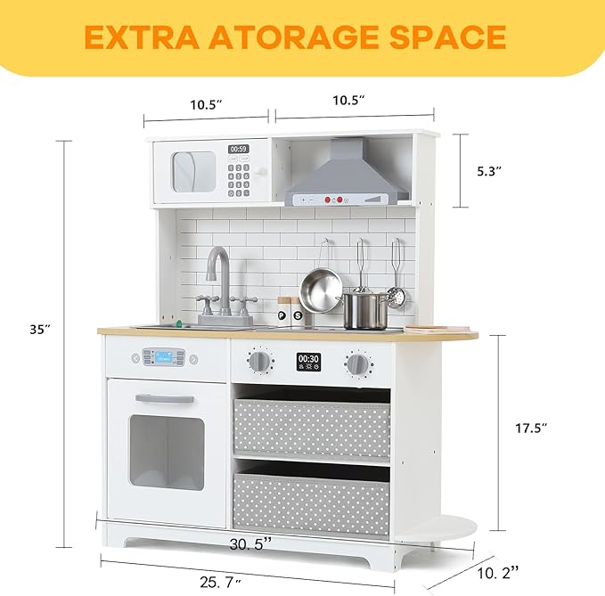 Play Kitchen for Kids, Wooden Kitchen Toy Playset with Stove, Oven, Sink and 17 Pcs Toy Food & Cookware Acces, Pretend Play Kitchen with 2 Fabric Drawers for Toddlers, Preschoolers Age 3+ Years, White