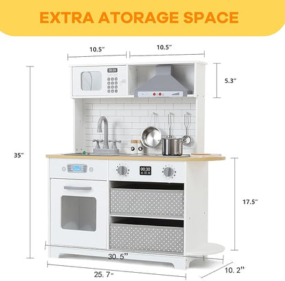 Play Kitchen for Kids, Wooden Kitchen Toy Playset with Stove, Oven, Sink and 17 Pcs Toy Food & Cookware Acces, Pretend Play Kitchen with 2 Fabric Drawers for Toddlers, Preschoolers Age 3+ Years, White