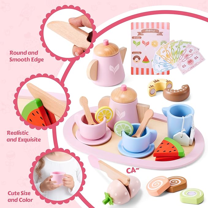 Wooden Tea Party Set, Tea Set for Little Girls 1-3 Toddler Tea Sets for Girls 2-4 with Wooden Toys Food Pretend Play Tea Party Wooden Kitchen Toys Playset Christmas Birthday Gift