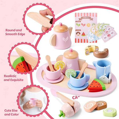 Wooden Tea Party Set, Tea Set for Little Girls 1-3 Toddler Tea Sets for Girls 2-4 with Wooden Toys Food Pretend Play Tea Party Wooden Kitchen Toys Playset Christmas Birthday Gift