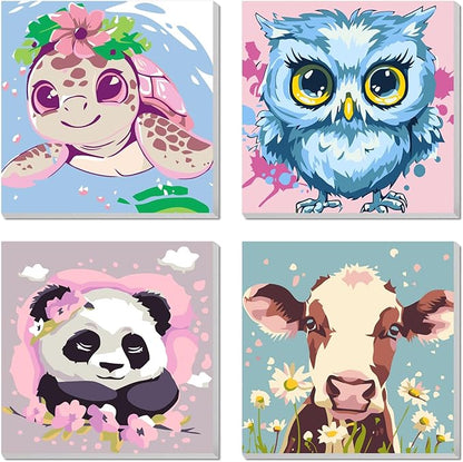 4pc Animal Paint by Numbers Kit for Kids Beginner Paint by Number Kits Age 4-8 Painting Kits for Kids Ages 8-12 Girls Framed Canvas Paint by Number Animals Drawing Kit Color by Number Kids 8x8 Inch