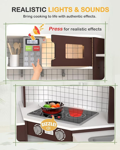 Babytronic Corner Wooden Play Kitchen Set for Kids w/Lights & Sounds, Pretend Play Kitchen Playset with Stove, Microwave, Ice Maker & Accessories, Perfect for Toddlers & Multiple Children (Coffee)