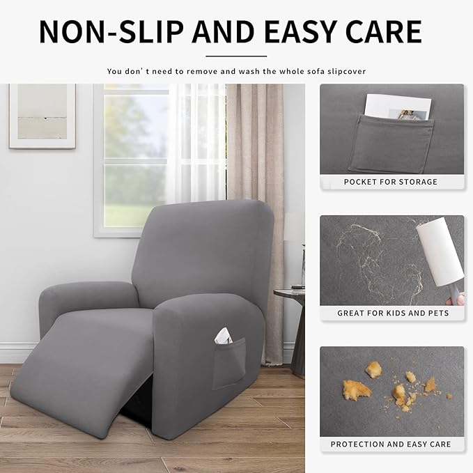 Easy-Going 100% Dual Waterproof Recliner Cover Stretch Soft Couch Cover for Dogs, Sofa Slipcover for Recliner Couch Leakproof Furniture Protector for Kids, Light Gray