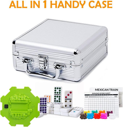 Yinlo Mexican Train Domino Set with Sound Effect, Dominoes Set for Travel, 91 Tiles Double 12 Colored Dominoes Travel Game Set with Aluminum Case