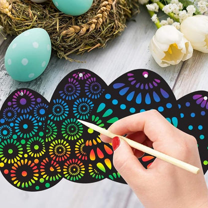 Koogel Easter Egg Scratch Art Set, 36 PCS Rainbow Scratch Art Mini Notes with Colorful Ribbon and Wooden Stick Crafts for Kids Party Favor Easter Decor Tree Decor