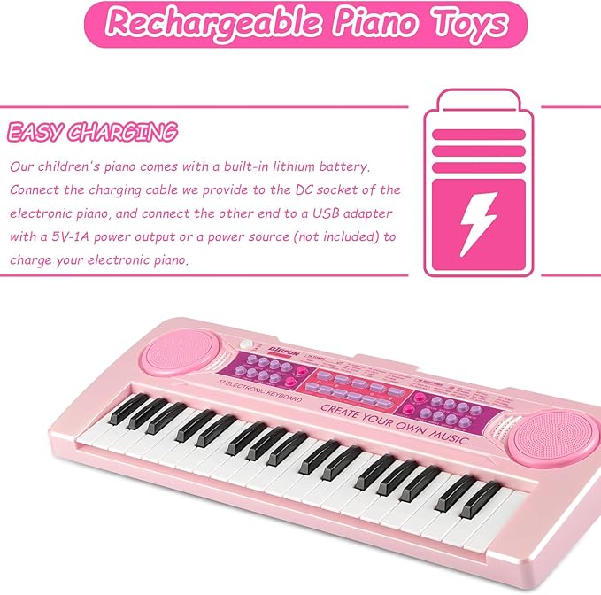 Kids Piano Keyboard Toys, 37 Keys Music Keyboard Piano for Kid with Microphone, Learning Educational Toddler Keyboard Toys for Kids Ages 3-8 (Pink)