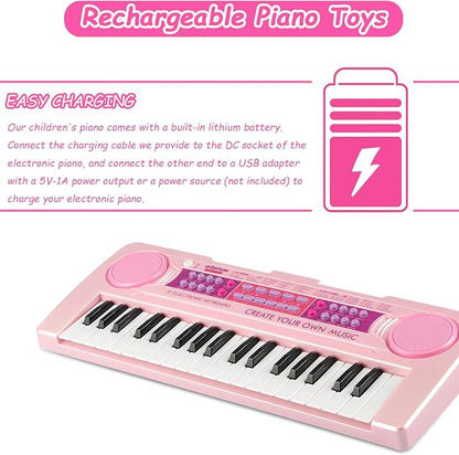 Kids Piano Keyboard Toys, 37 Keys Music Keyboard Piano for Kid with Microphone, Learning Educational Toddler Keyboard Toys for Kids Ages 3-8 (Pink)