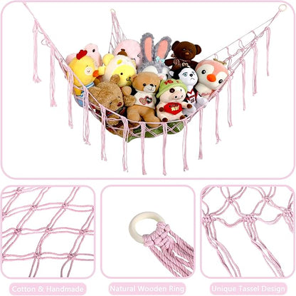 Boho Stuffed Animals Net or Hammock Large,55 inch Toy Hammock Macrame Stuff Animal Storage Corner Hanging Net Holder,Mesh Hammock Plush Toy Organizer with Hooks for Bedroom,Nursery (Light Pink)