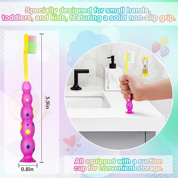 Kids Toothbrush, Toddler Toothbrush with Suction Timer, Children Sized Brush Heads (3-10 Year Old), Suction Cup for Fun & Easy Storage, Flossing Bristles, Pack of 4