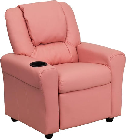 Flash Furniture Vana Vinyl Kids Recliner with Cup Holder, Headrest, and Safety Recline, Contemporary Reclining Chair for Kids, Supports up to 90 lbs., Pink