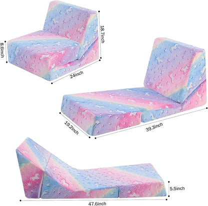 MeMoreCool Toddler Couch Fold Out Sofa Bed, Kids Lounge Chair Foldable Floor Lounger, 3-in-1 Folding Children Chair Bed, Pull Out Recliner for Toddlers 1-6, Unicorn