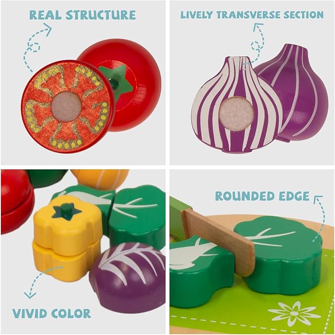 Wooden Play Food for Kids Kitchen, 38PCS Cutting Fruits Toys for Toddlers Pretend Vegetables Gift for Boys Girls Educational Toys (Vegetable Bucket)
