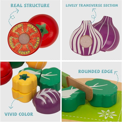 Wooden Play Food for Kids Kitchen, 38PCS Cutting Fruits Toys for Toddlers Pretend Vegetables Gift for Boys Girls Educational Toys (Vegetable Bucket)