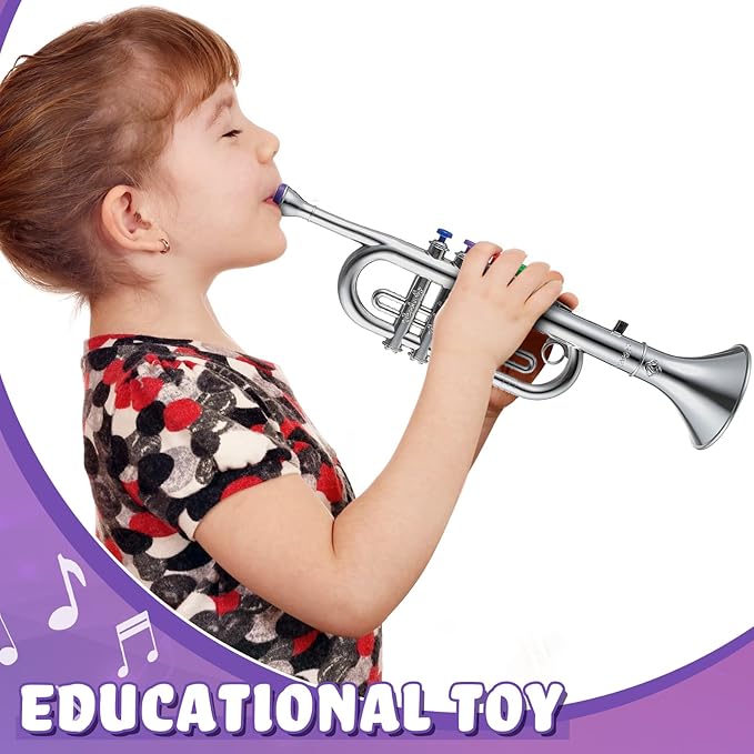 Lewtemi Silver Trumpet Musical Instruments Toy for Kid Toddler Fake Plastic Preschool Music Toy Gift Portable Wind Instrument Early Educational Teaching Songs Gifts for Toddlers Children