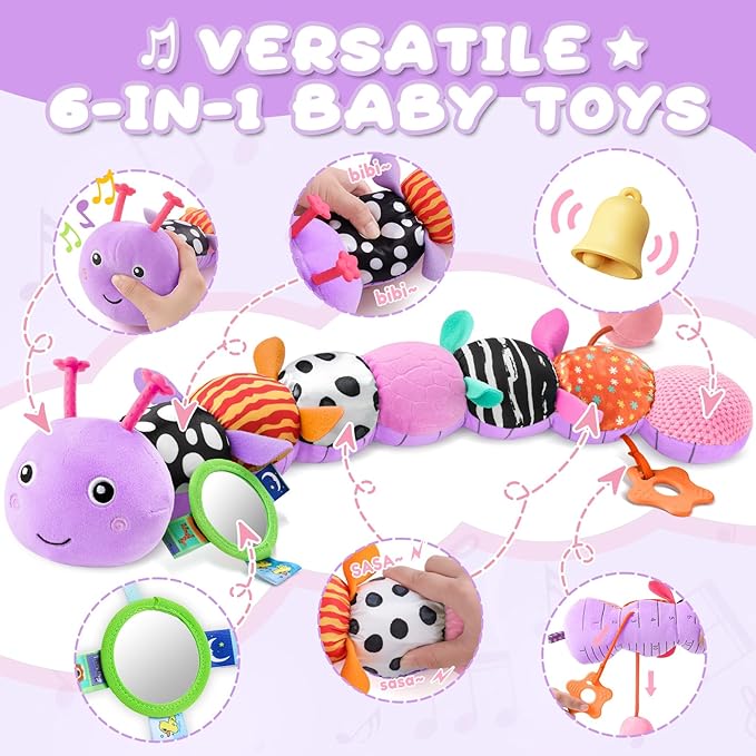 AWOTOY Baby Toys 0-6-12 Months,Musical Caterpillar Stuffed Animals Activity Infant Toys with Crinkle,Rattles,Mirror&Pull String,Muti-Sensory Toys Gifts for Newborn Tummy Time,Taro Purple|Leafy