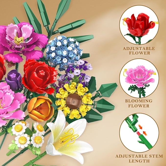 Flower Bouquet Building Set - 1000 PCS Bouquet Botanicals Collection Gift for Valentine's Day for Her and Him, 15 Artificial Flowers Building Blocks Home Plant Decor for Adults Women Birthday