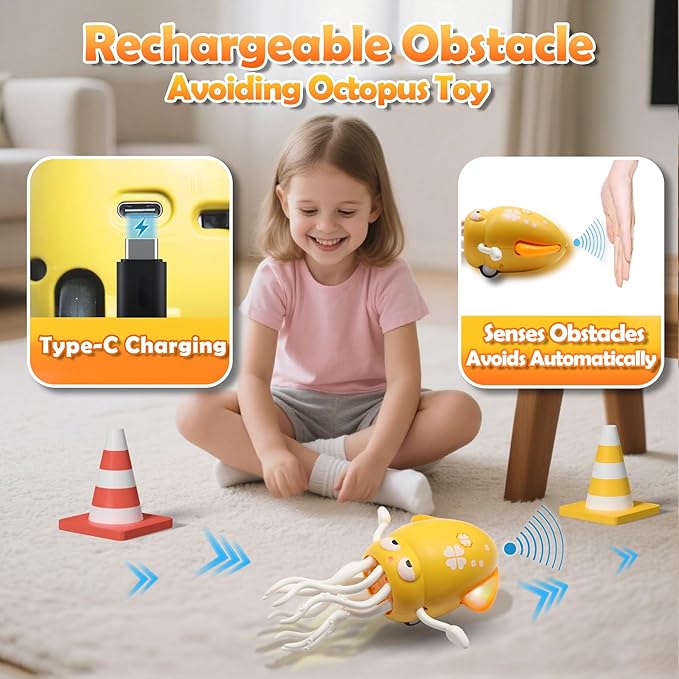 Pbooo Magic Dancing Octopus Toy, Electric Crawling with LED Lights and Music, Rechargeable Music Squid Baby Toy for 3-6 Year Olds, Tummy Time and Toddler Walking Toy, Birthday Gift, Yellow