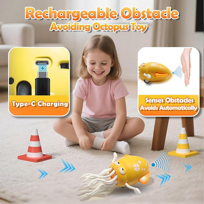 Pbooo Magic Dancing Octopus Toy, Electric Crawling with LED Lights and Music, Rechargeable Music Squid Baby Toy for 3-6 Year Olds, Tummy Time and Toddler Walking Toy, Birthday Gift, Yellow