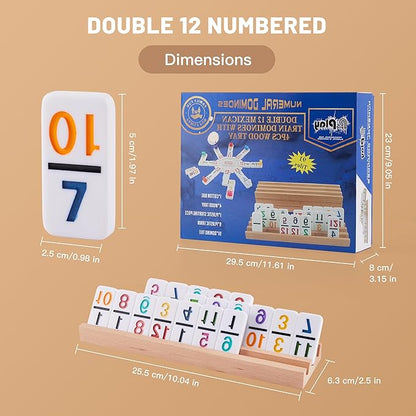 Mexican Train Dominoes Set with Numbers - Double 12 Colored Number Dominoes - Includes 91 Tiles with 9 Trains, 4 Wooden Trays and Storage Bag for 2-8 Players Ages 8+
