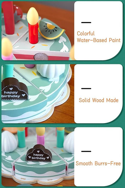 Wooden Birthday Cake Play Food Set Toys, Pretend Play Kids Tea Party Set for Little Girls Toddlers, Montessori Wooden Play Kitchen Accessories Sets for Kids (Birthday Cake)