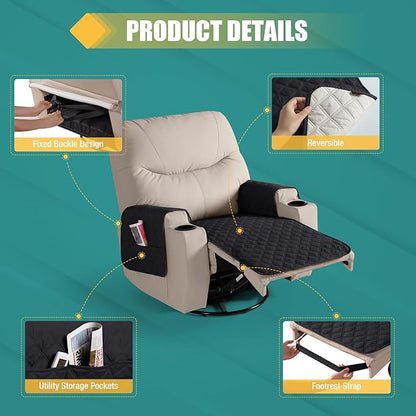 Ruaozz Waterproof Recliner Chair Covers Non Slip Chair Covers Washable Recliner Covers for Reclining Chair with Pockets Covers for Recliner Chair for Pets, Kids (Black, Medium-25'')