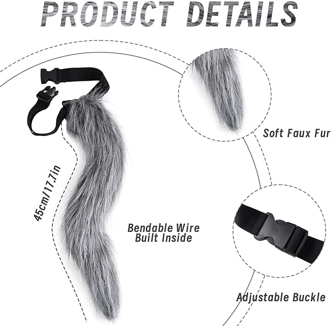 4 Pcs Wolf Costume Wolf Ears Headband Spiked Collar Rivets Bracelet and Tail Animal Costume for Halloween Cosplay Party Accessories Kit