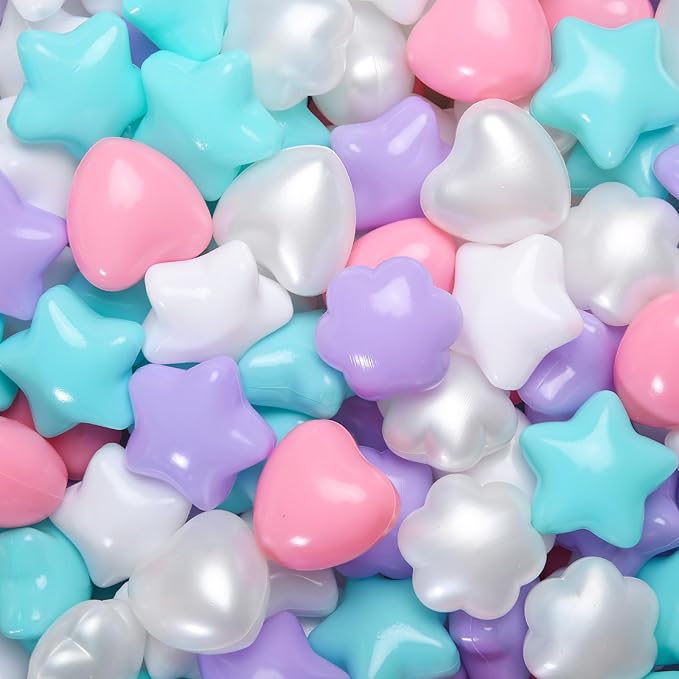 GOGOSO Ball Pits Balls for Toddlers, 100 Stars Hearts Florid Shapes Ball, Flowers Plastics Balls for Bounce House, Pastel Ball for Kids Birthday Party Xmas Friendship Bracelet Banner Decor