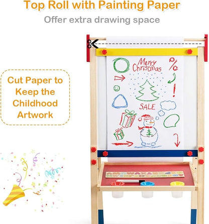 Costzon 3 in 1 Kids Art Easel with Paper Roll, Double Sided Dry Erase Chalkboard & Whiteboard, Height Adjustable Standing Easel with Storage, Painting Accessories, Magnetic Drawing Easel for Toddlers