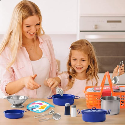 Kids Play Kitchen Toy Accessories Set Toddler Cooking Playset Colorful Stainless Steel Pots and Pans Birthday Gifts for 3+ Girls Boys (Blue)