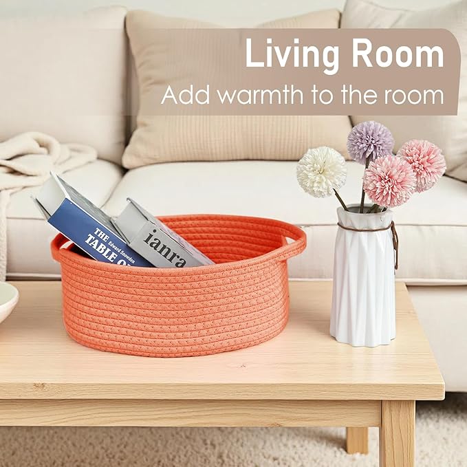 JMvicyroam Woven Basket,Small Rope Storage Bin with Handles & Ribbon Bag, Organizer for Shelves Closets,Gift Basket Empty for Birthday,Books,Dog Toys,Orange