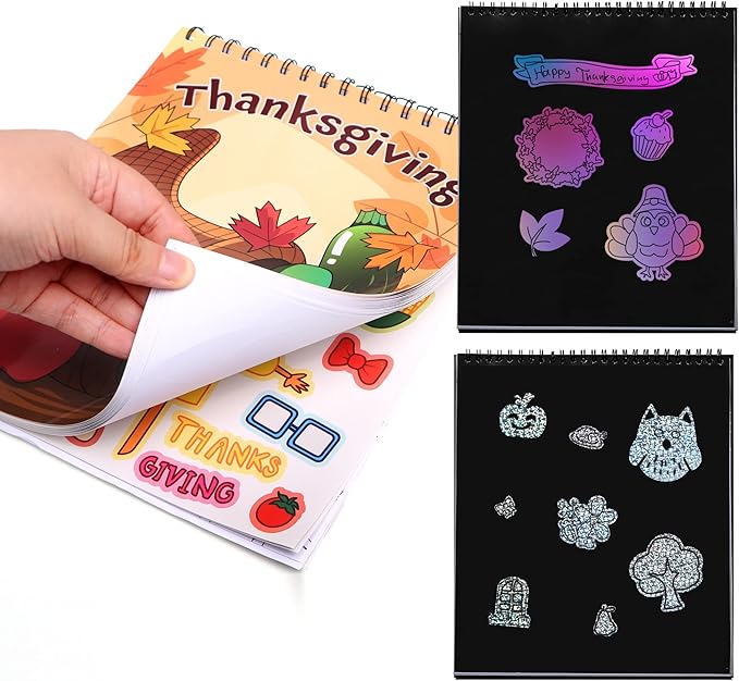 JOYIN 53 Sheets Thanksgiving Crafts Notebook with 20 Make-a-face Make A Turkey Stickers, 10 Coloring Book, 10 Scratch Cards, 5 Plain Paper and 8 Stickers Thanksgiving Party Favor Classroom Gifts