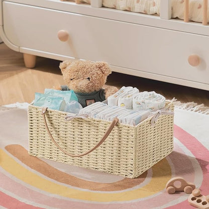 HBlife Baby Diaper Caddy Organizer, Paper Rope Storage Baskets Nursery Bin with Removable Divider, Portable Car Organizer for Diapers, Baby Shower Gifts, Newborn Essentials Must Haves
