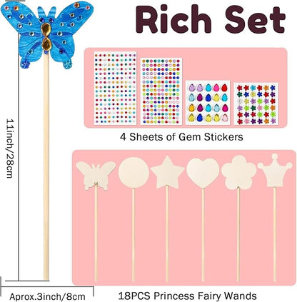 Pllieay Princess Fairy Wands Kit Include 18 Pieces 6 Styles Unfinished Wooden Princess Wand and 4 Gem Stickers Princess Art Magical Show for Party Supplies