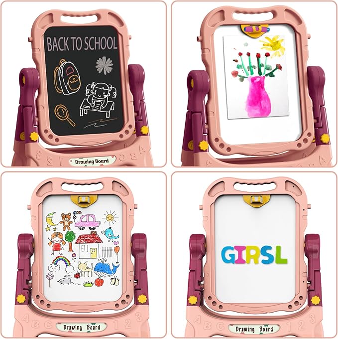 Kids Art Easel, Adjustable Drawing White Board & Chalk Board, Toddler Standing Easel with Painting Accessories, Gift for Girls Boy (Orange)